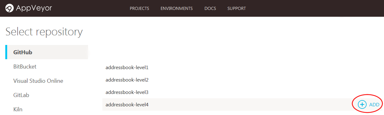 Click "Add" on the repository you want to set AppVeyor up on